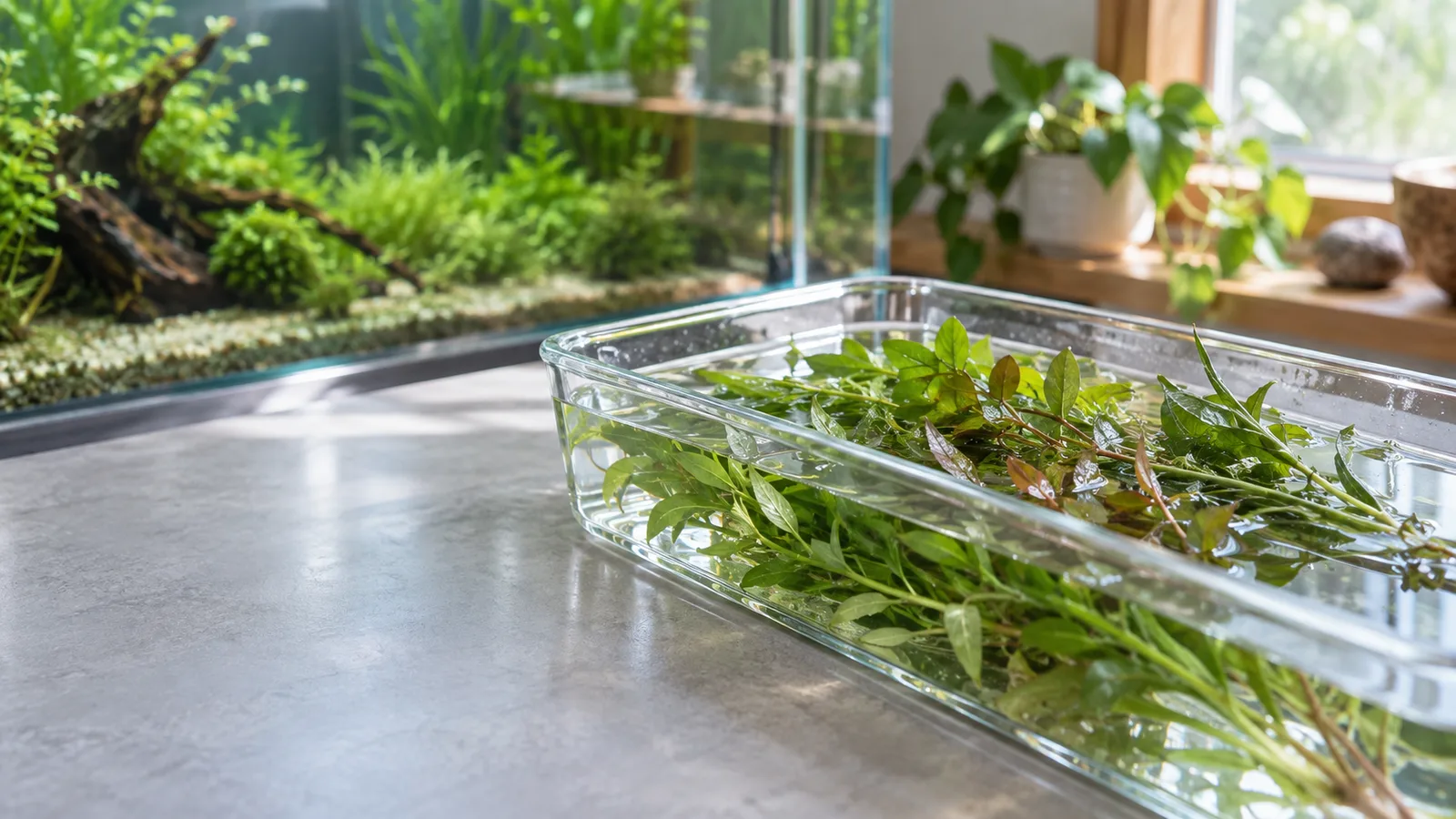 浅いトレーに取り分けた水草のAIイメージ。特定製品・生物の識別や適切な飼育状態を判断する見本ではありません