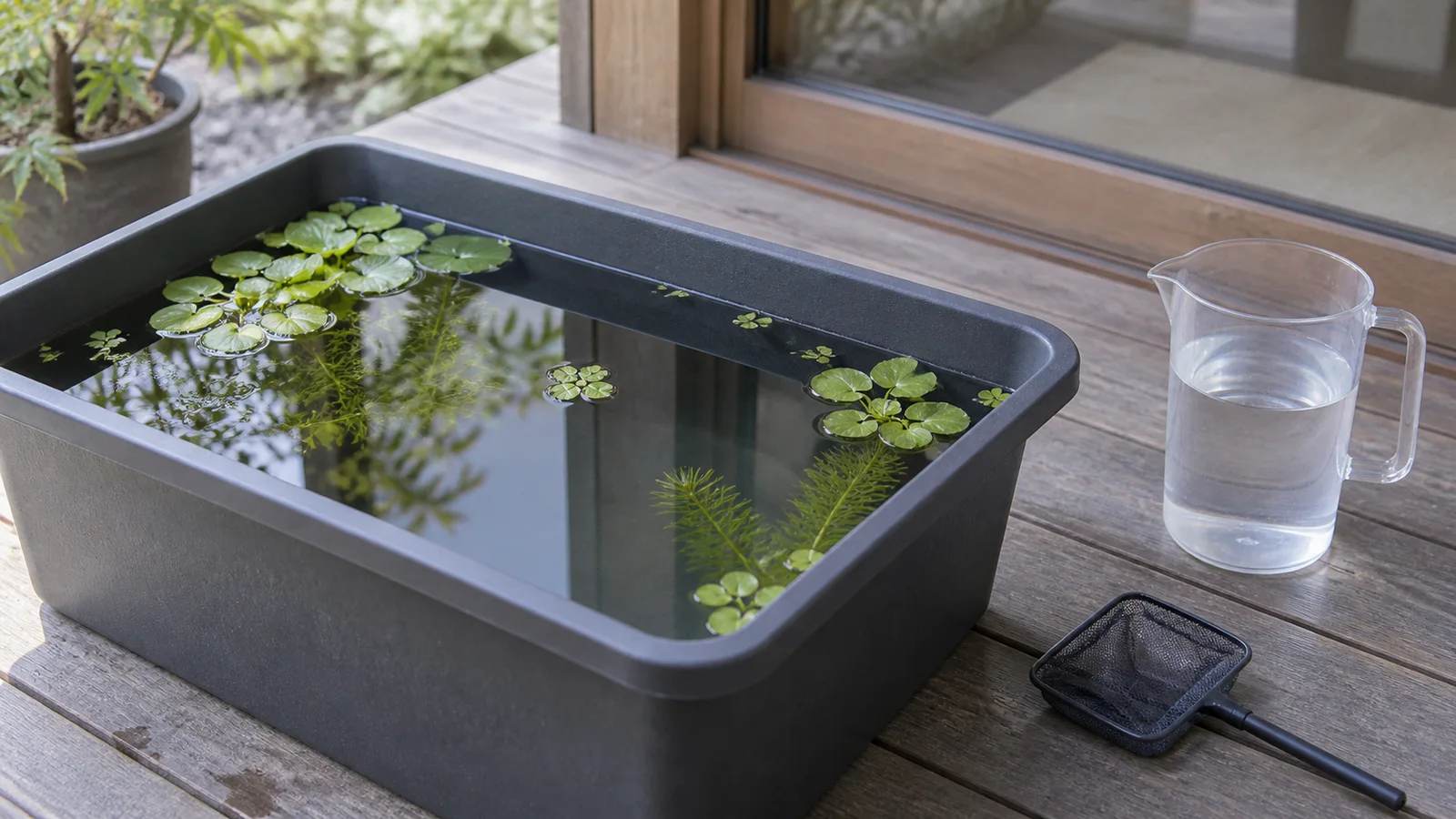 飼育容器と水草、水差しを置いた一般的な飼育風景のAIイメージ
