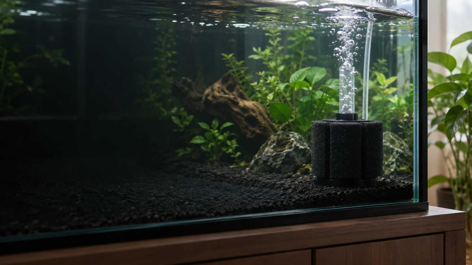 水槽内に設置されたスポンジフィルターのAIイメージ。特定製品・生物の識別や適切な飼育状態を判断する見本ではありません