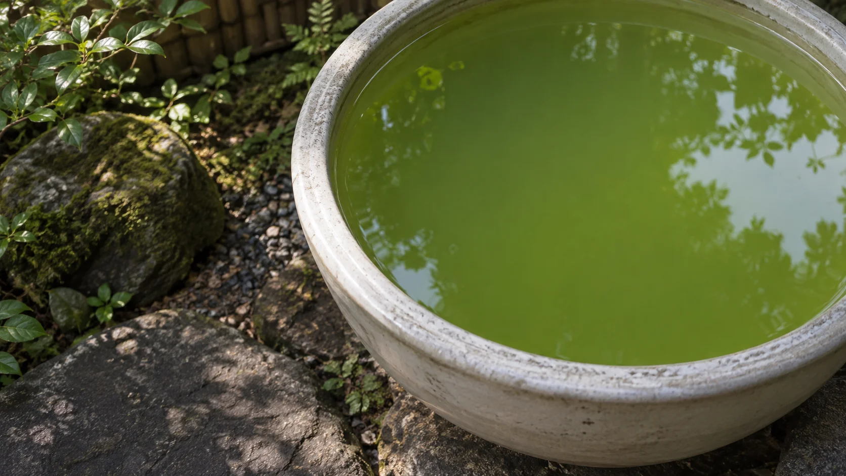 屋外の丸い鉢に緑色の水が入ったAIイメージ。水質や適切な濃さを判断する見本ではありません