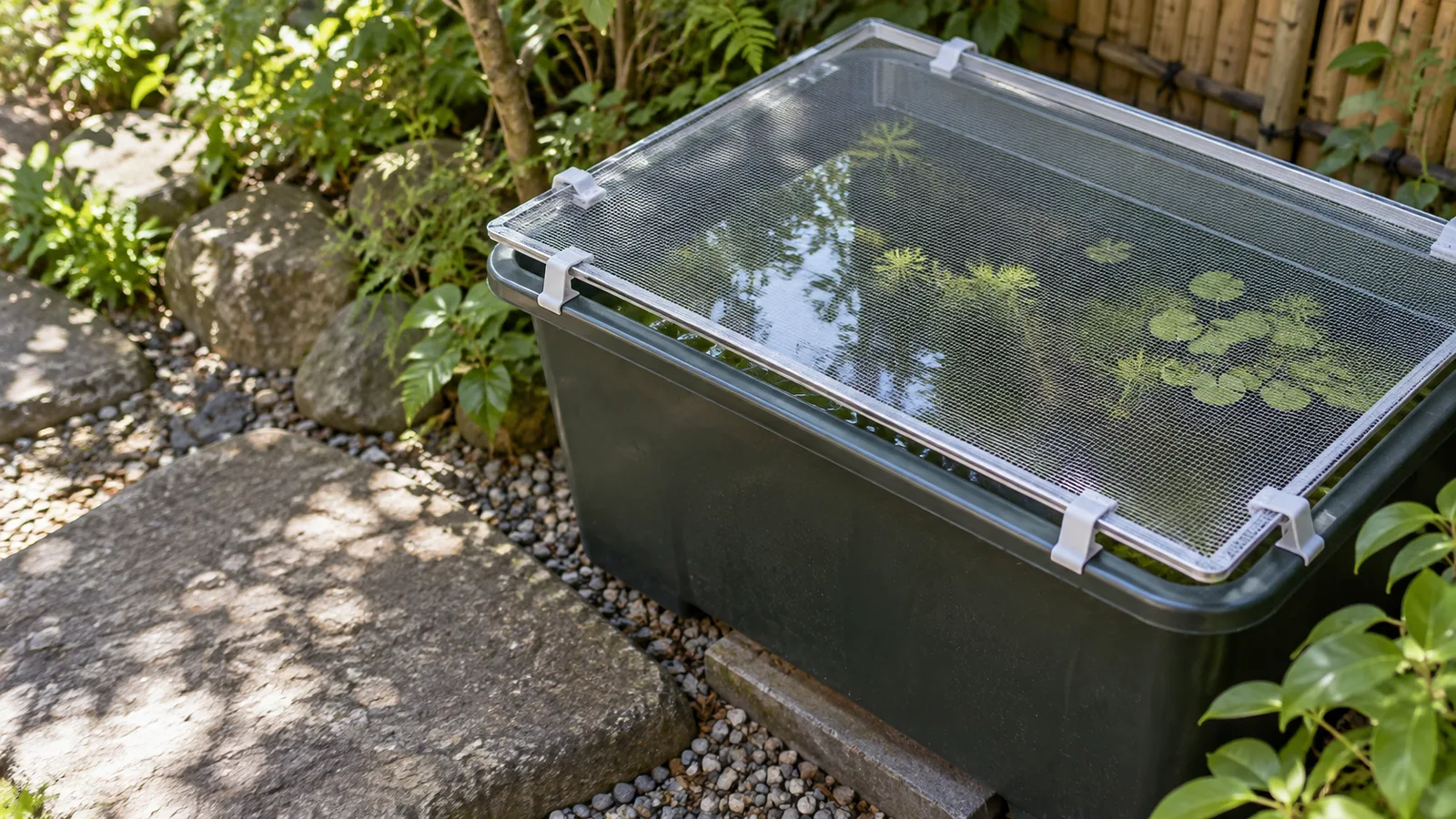 通気できる防護ネットを取り付けた屋外容器のAIイメージ。特定製品・生物の識別や適切な飼育状態を判断する見本ではありません