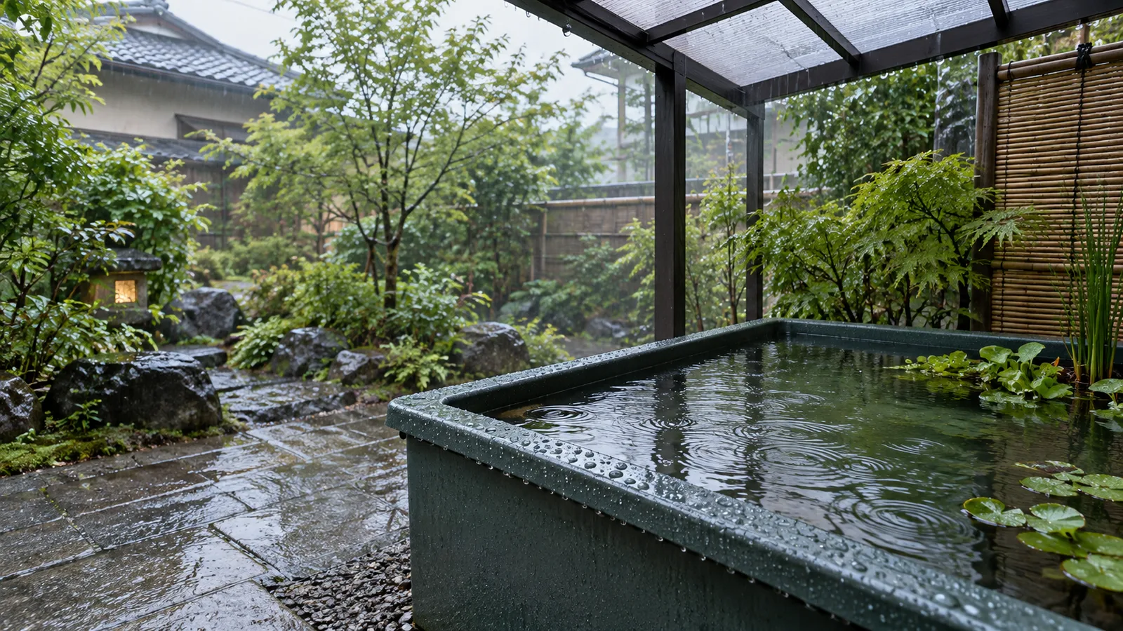 雨よけのある屋外容器と水面の雨粒のAIイメージ。特定製品・生物の識別や適切な飼育状態を判断する見本ではありません