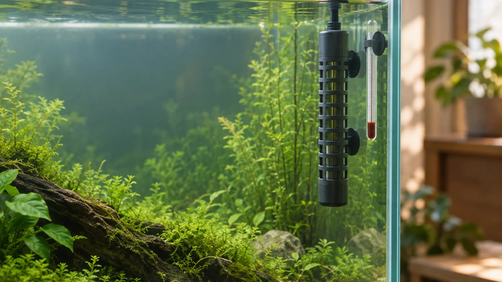 水槽内のヒーターと水温計のAIイメージ。特定製品・生物の識別や適切な飼育状態を判断する見本ではありません