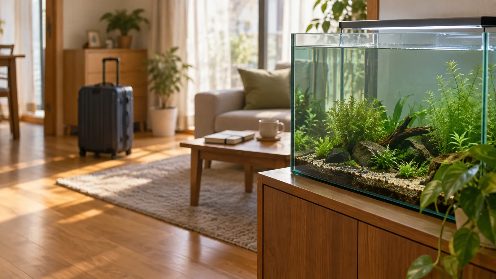 水槽のある部屋で用意した旅行かばんのAIイメージ。特定製品・生物の識別や適切な飼育状態を判断する見本ではありません