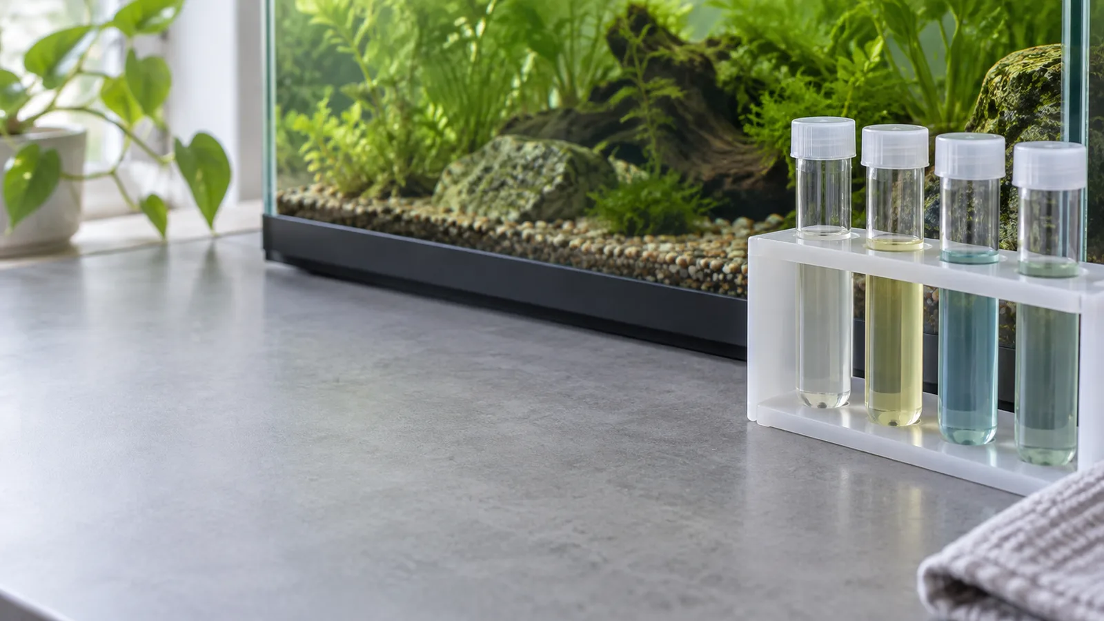 水質確認に使うサンプル管のAIイメージ。特定製品・生物の識別や適切な飼育状態を判断する見本ではありません
